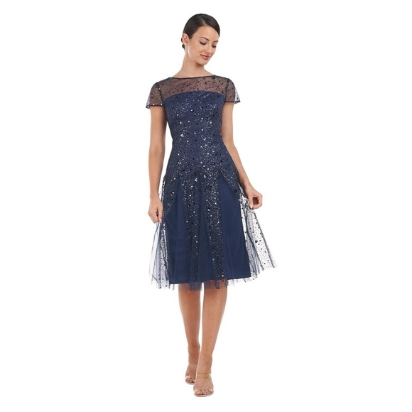 JS Collections Alyssa Sequin Godet Cocktail Dress Navy 6 - Picture 5 of 12